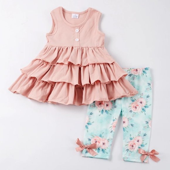 Unique Blue Floral Ruffled Patchwork Cotton Girls Two Pieces Set Fall ML0036 main image 0
